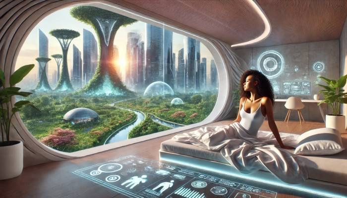 Maya at sunrise, sitting up by a round window that looks over a green city of tree-towers and glass domes.