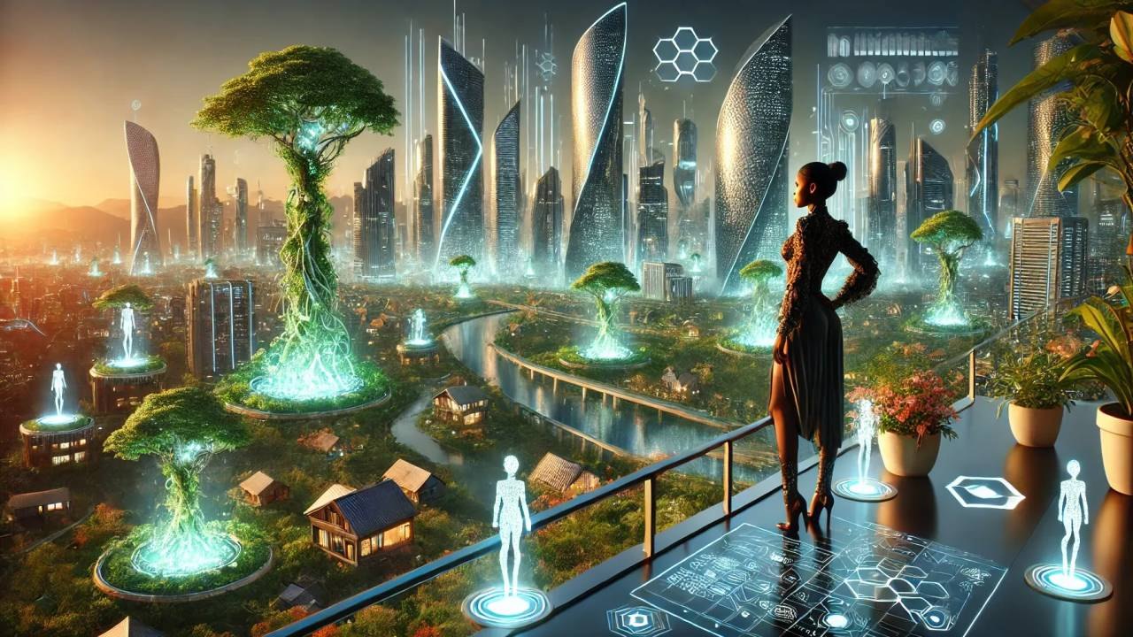 A green city of glowing tree-towers along a river, seen from a terrace where a woman stands looking out at dusk.