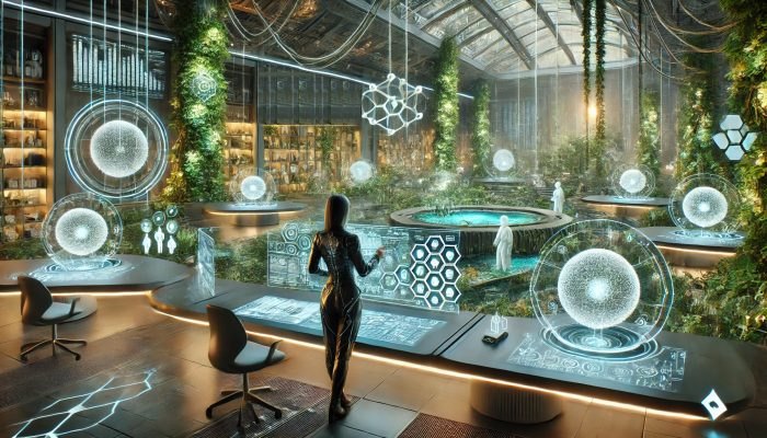 Maya at work in a glass garden studio, shaping a building plan in light.